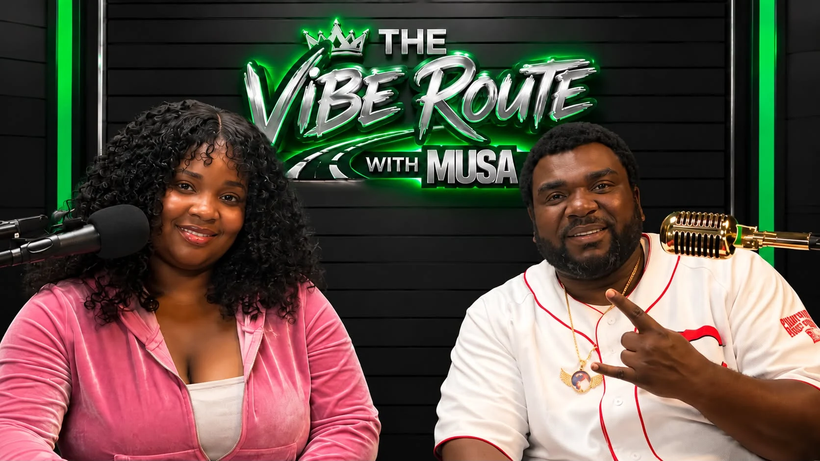 Shilah Faye and Musa smiling at their microphones beneath the glowing The Vibe Route with Musa sign.