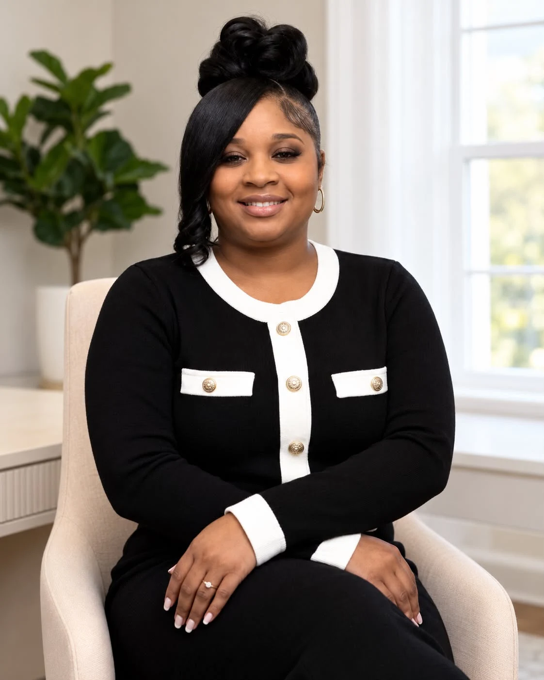 Shilah Faye seated in a cream chair, wearing a black outfit with white trim.